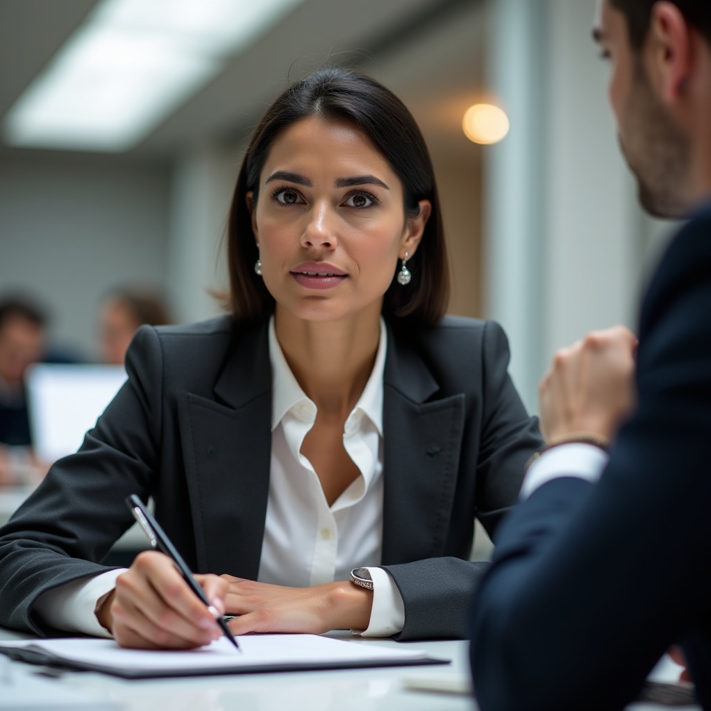 Business professional engaged in attentive listening during consultative sales conversation