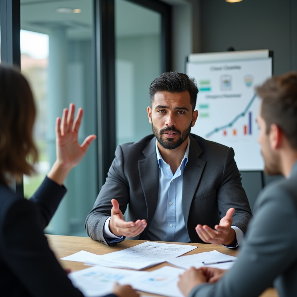 Sales professional addressing client concerns through consultative problem-solving approach