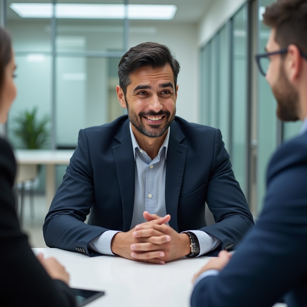 Sales professional demonstrating effective questioning techniques during client meeting