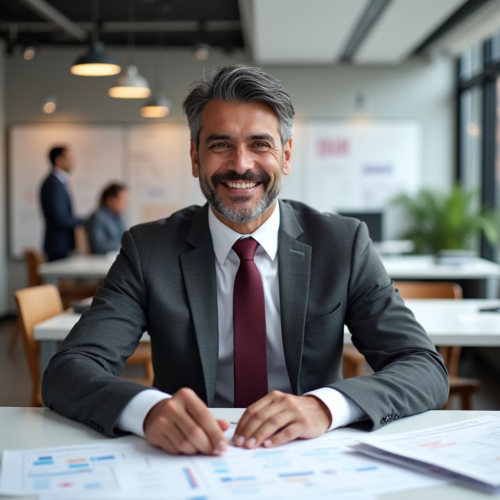 Lead sales trainer reviewing client strategy materials at modern desk